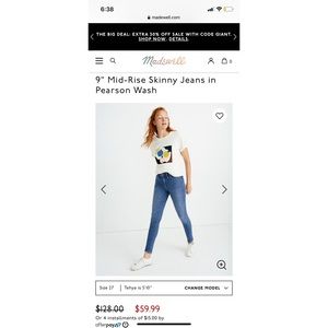 Madewell 9” high rise skinny jean in Pearson wash